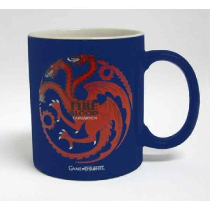 taza azul y blanca de la casa targaryen